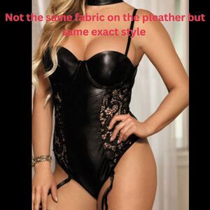 Yandy Black Pleather-Looking with Lace Lingerie Bodysuit